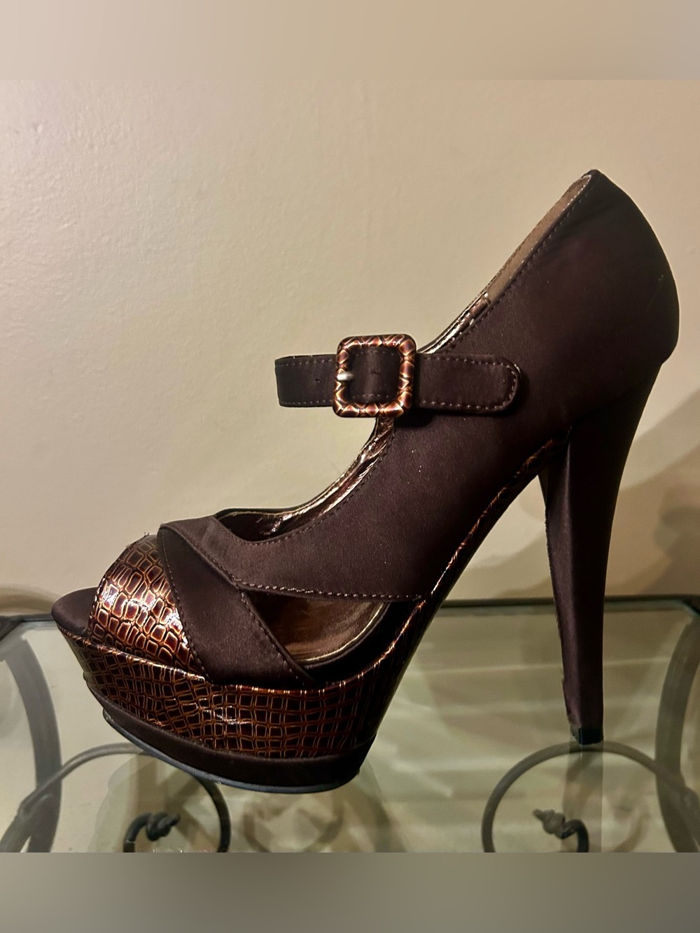 Y2K Dark Brown Platform Peep-Toe Mary Jane Heel with Copper Accent